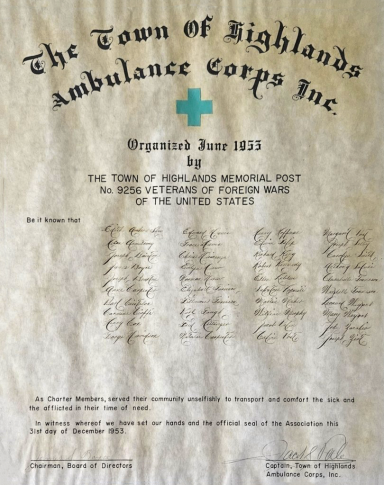The original Town of Highlands Ambulance charter signed by forty members during its founding